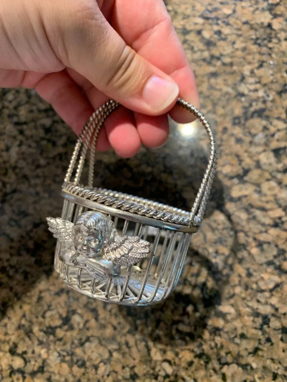 Vintage Department 56 Silver Plated Miniature Wire Basket Angel Cherub Trinket